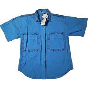 NWT VTG Argee Button Up Unisex Small Short Sleeve Aztec Floral Blue Y2k 90s